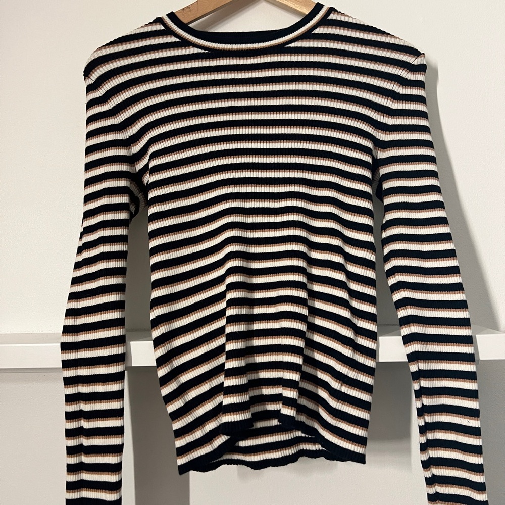 Nine West Black, White, and Tan Striped Top